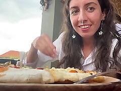 Tonguing pizza with cum on my face in a public cafe