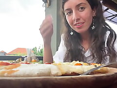 Ambling with jizm on face in cafe - Woman eats pizza and swallows jizm - Cumwalk