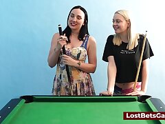 A massive breasts girl-on-girl duo toying billiard and using the stick in a new way