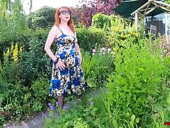 Busty honey Crimson Hard-core frigs herself in the garden