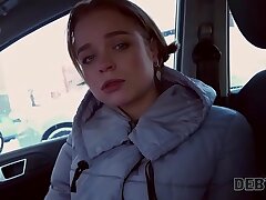 Debt4k. Hottie Calibri Angel blows agent in his car and has anal with him orgy indoors