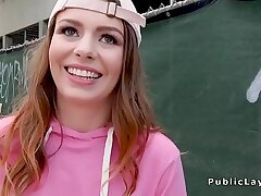 Teenie with cap gets facial cumshot in public