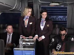 Analed CFNM stewardess joins mile high