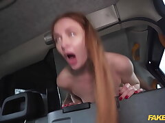 Faux cab Red-haired MILF in marvelous nylons rails a XXL immense dick in a cab