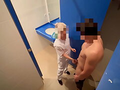 I surprise the gym cleaning girl who when she enters to neat the rest room she catches me jerking off and helps me finish cumming with a oral pleasure