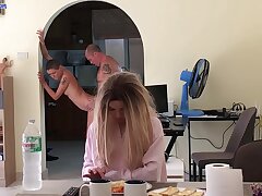 First-timer Kinky daughter hid in the fridge and got ass plumb from step parent while mommy witness TV