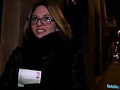 Public Agent French Stunner in Glasses Pulverized on a Public Stairwell