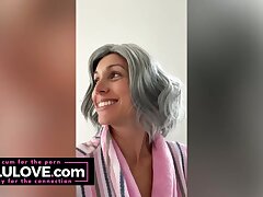 XXL milk cans stunner striptease naked mirror selfie, gray hair GILF wig, vocal warmups, closeup cunt before after hump - Lelu Enjoy